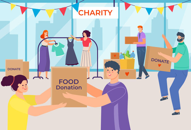 慈善人们捐赠东西和食物捐赠助手关怀