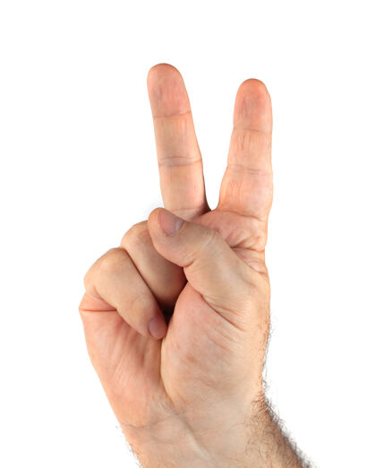 零件手举两个手指在白色的和平或胜利符号上手势人类手