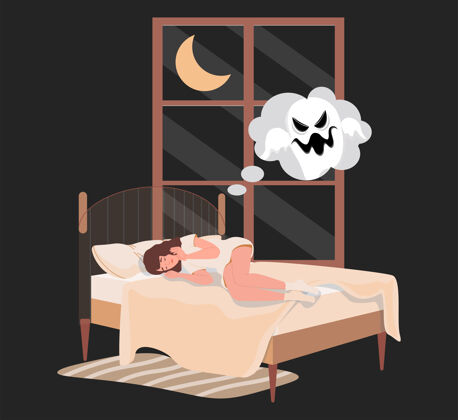 失眠晚上躺在床上和鬼魂做恶梦的女人房间怪物恐怖