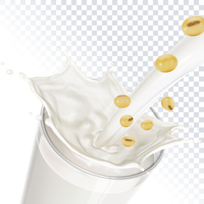透明牛奶倒进玻璃杯中 一滴一滴的大豆在孤立的背景上乳制品明确酸奶