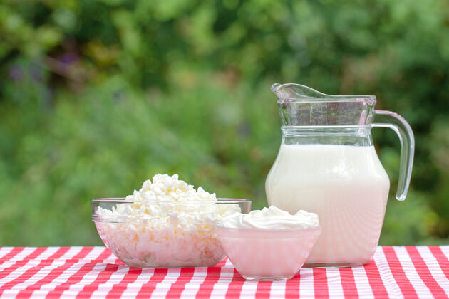 有机把酸奶油和牛奶放在一张桌子上 红色桌布放在天然的绿色背景上钙农场健康