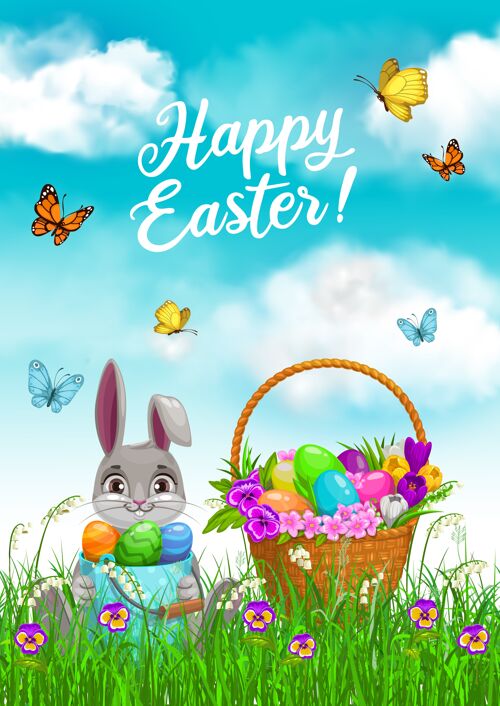 绿色复活节兔子与鸡蛋狩猎篮子在草地设计兔子田野兔子