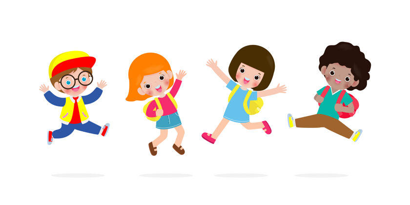 跳跃回到学校 让快乐的孩子们背着背包跳着舞背包女孩卡通