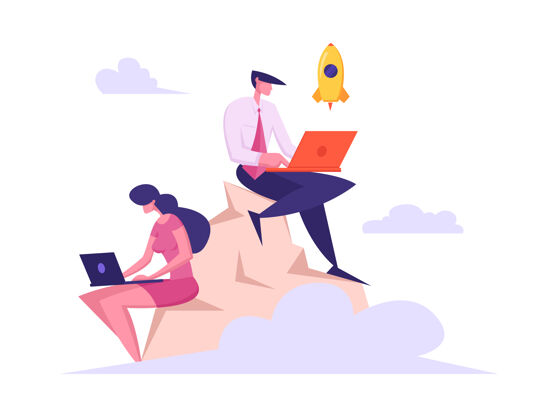 峰值商人团队用笔记本电脑在山顶上工作插图自由职业者编码女人