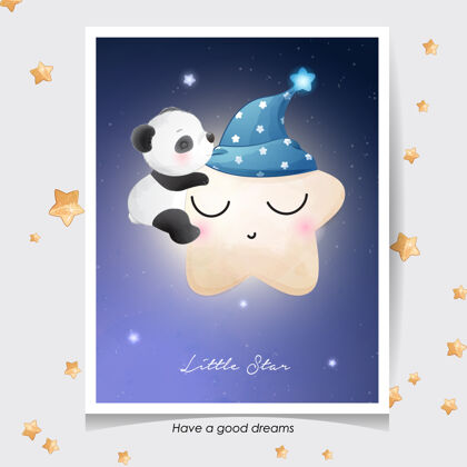 可爱可爱的涂鸦熊猫与水彩插图动物睡眠婴儿淋浴