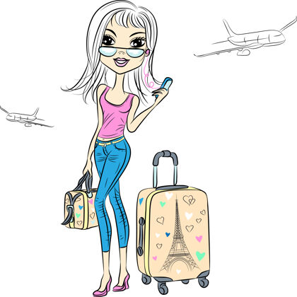 漂亮带着手提箱的漂亮时尚女孩乘飞机周游世界飞机时尚包