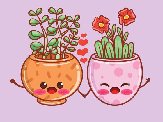 植物学可爱的夏日花盆卡通人物插图.情侣概念室内植物爱复古
