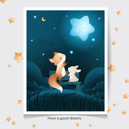 可爱可爱的涂鸦狐狸和小兔子与水彩画插图夜晚插图兔子
