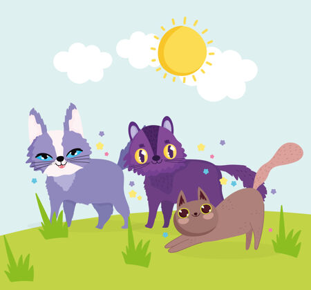 快乐可爱的猫在草地上玩卡通矢量插图家养欢呼动物
