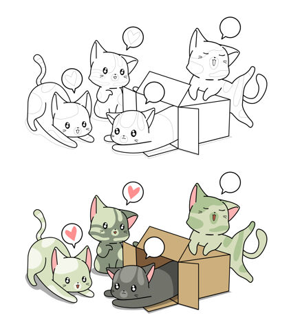 猫可爱的猫卡通儿童彩页平面幼稚盒子