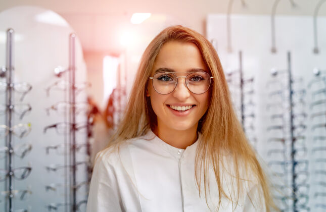 视力快乐的女配镜师 配镜师正拿着眼镜站在眼镜店里女性选择正确
