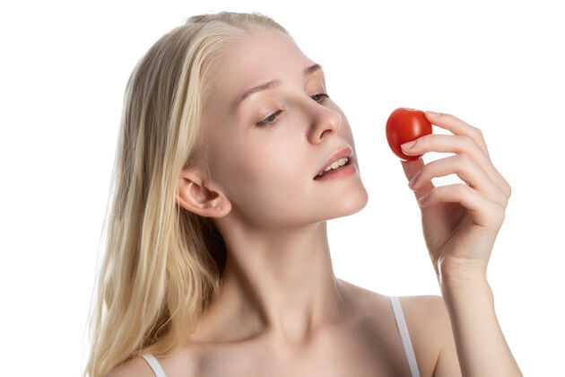 卡路里漂亮的西红柿姑娘 隔离在白色上女孩抗氧化剂健康
