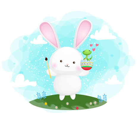 涂鸦可爱的兔子与蛇蛋卡通人物兔子叶子鸡蛋