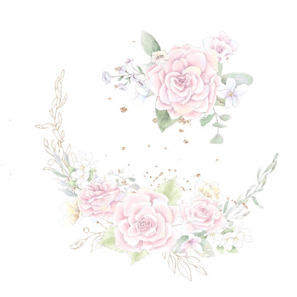 装饰一套精致的玫瑰花环和兰花.水彩画插图花花叶