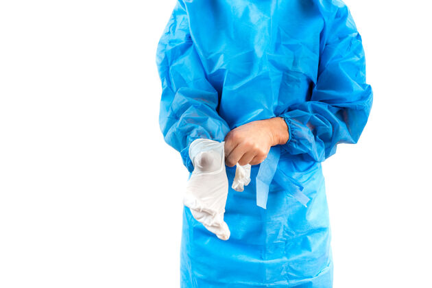 正面视图穿冠状病毒防护服的护士 在白色背景上戴上白色乳胶手套手套污染眼镜