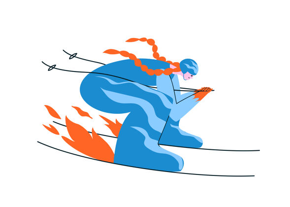 活动手绘红发女孩滑雪运动员在蓝色西装一个女人滑雪在空气动力学姿势全速滑雪极限滑雪者