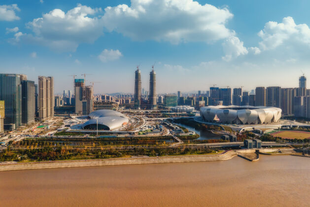 大都市中国杭州现代城市建筑景观天际线航拍地标透视城市