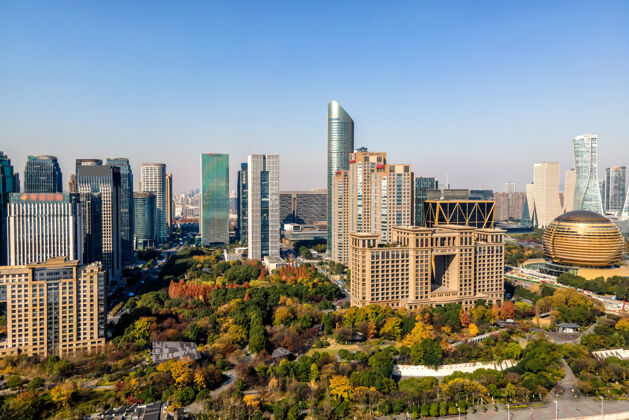 商业区中国杭州现代城市建筑景观天际线航拍全景建筑地面