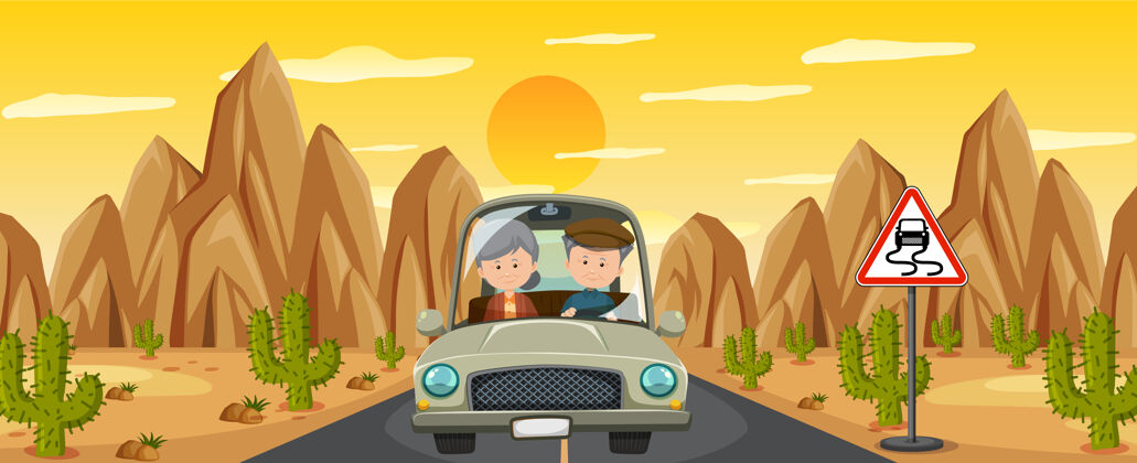 驾驶退休夫妇开车去沙漠公路旅行汽车沙漠道路