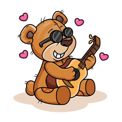 绘画可爱的熊弹吉他卡通图标插图.动物图标概念隔离在白色背景上可爱快乐海报