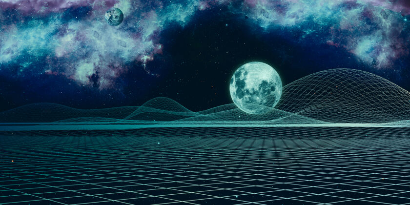网络数字宇宙和结构几何宇宙网格幻想天空网络空间景观光夜空月亮