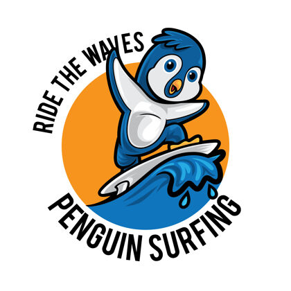 波浪企鹅冲浪卡通吉祥物标志标志企鹅冲浪板