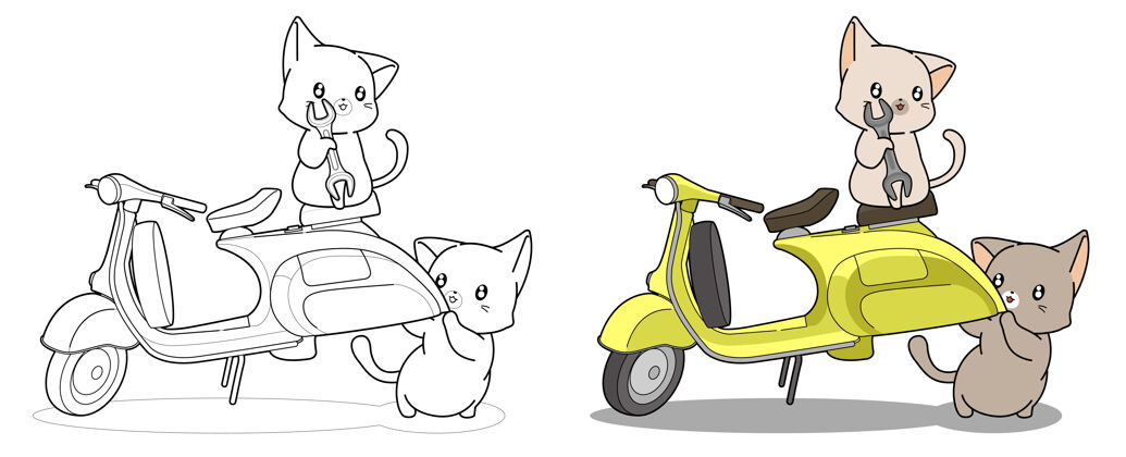 卡通可爱的工程师猫和摩托车卡通彩页涂鸦动物幼稚