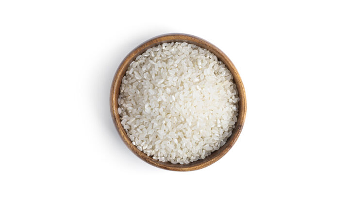 小吃木碗里的米饭被隔离在一个白色的盘子里背景高高质量的照片生的生的吃