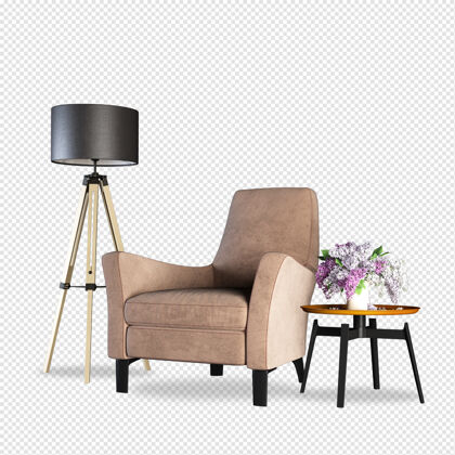 扶手椅一套室内家具的三维渲染花卉装饰室内设计