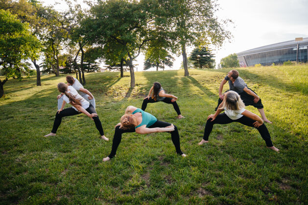 工作坊日落时分 一群人在公园里做瑜伽成熟健身活动