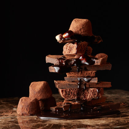 粉一堆堆黑巧克力和巧克力滴在大理石表面碎表面吃