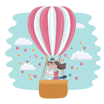 云卡通搞笑幻想的爱情亲吻情侣在热气球卡通空气篮子