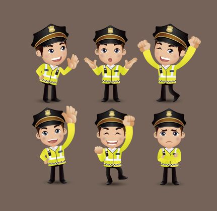 肖像职业-不同姿势的警察跳跃人成功