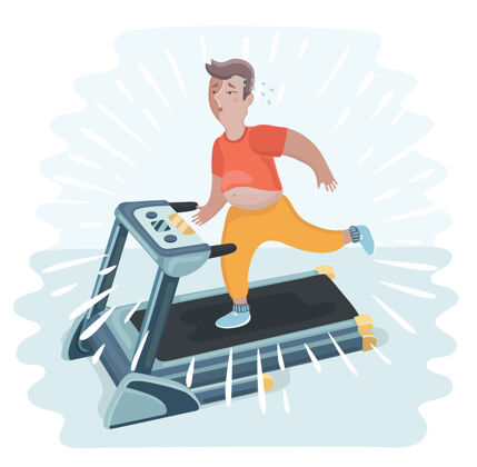 训练卡通有趣的插图超重男子慢跑跑步机人物健身房运动