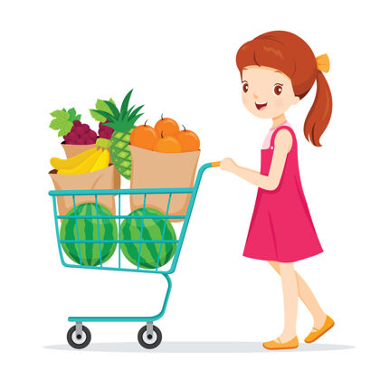 超市女孩推着购物车带着很多水果 健康饮食购物车买购物