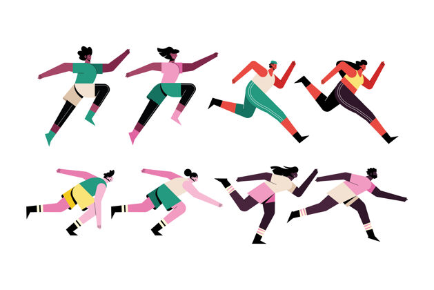 民族一捆八个跑步者的人物插图锻炼比赛活动
