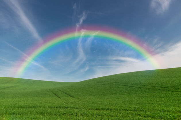 自然美丽的田园风光 绿野彩虹在夏天农田太阳风景季节