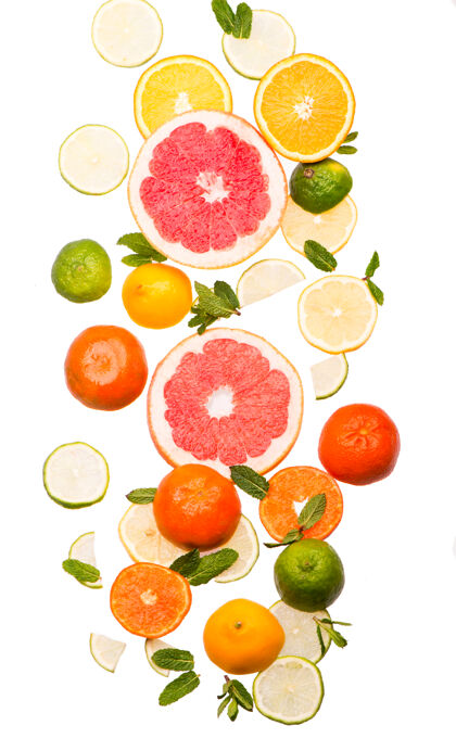 背景柑橘背景新鲜柑橘类水果-柠檬 橙子 酸橙 葡萄柚的白色背景乡村组橘子