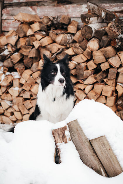 小狗黑白边境牧羊犬坐在柴堆前的雪地上犬品种柴火