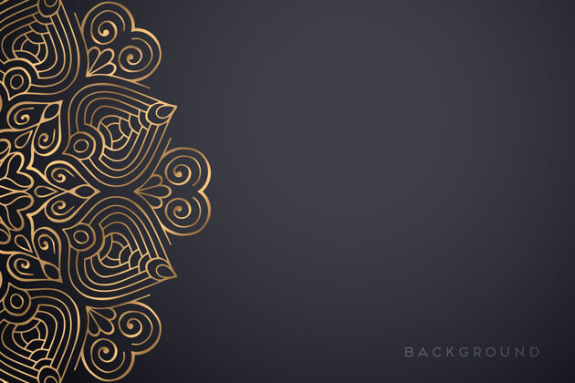 东方金色的豪华装饰曼荼罗设计背景黑色主题背景