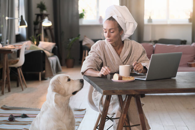 咖啡杯穿着浴衣的年轻女子在工作场所吃早餐 在房间里和她的狗说话狗通讯咖啡