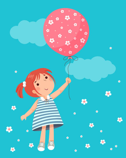 泡泡小女孩手里拿着气球 周围都是花庆祝玩具户外