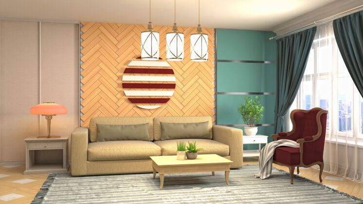 公寓客厅内部的插图生活现代三维