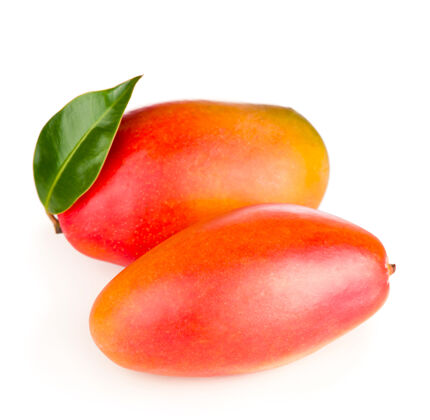 维生素芒果果与绿色叶子隔离在白色背景上多汁异国情调柑橘