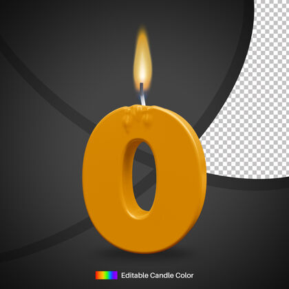 3d渲染数字0生日蜡烛与火焰蛋糕装饰元素装饰蜡烛数字