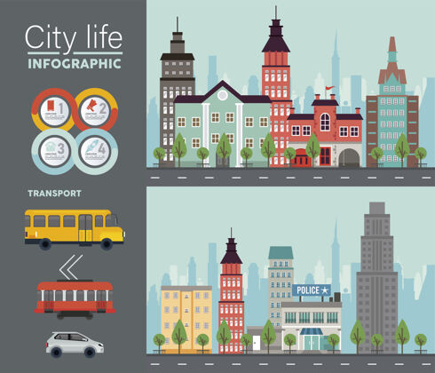 生活城市生活大城市的文字在城市景观场景和车辆插图旅游公共汽车汽车
