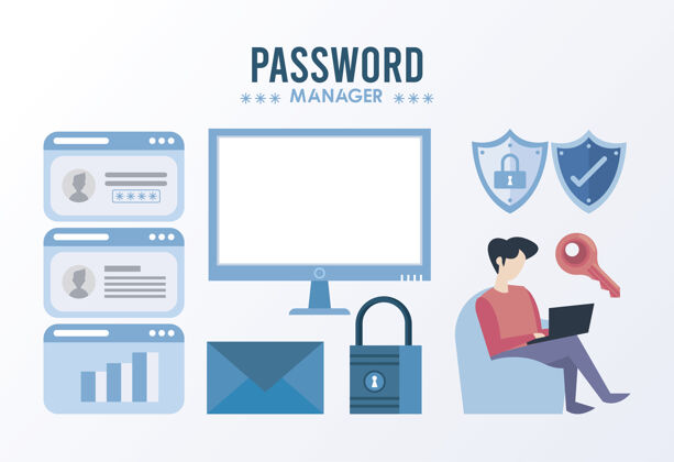 笔记本电脑密码管理器主题与捆绑安全设置图标插图安全登录数字