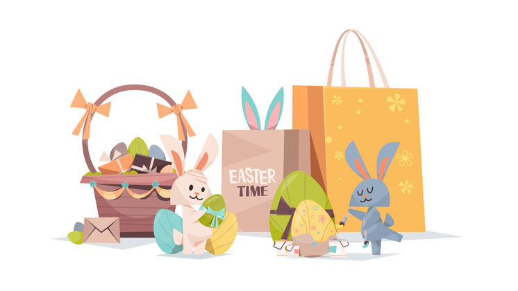 节日可爱的兔子装饰彩蛋篮和购物袋快乐复活节春节假期组成贺卡海报水平插图组成传统鞠躬