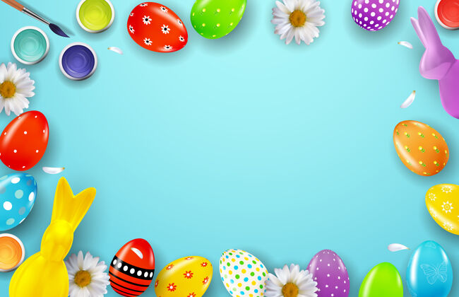 颜色复活节框架模板与三维现实复活节彩蛋和兔子季节春天横幅