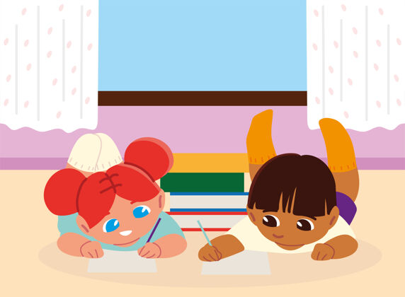 课程地上有书的男孩和女孩在家学习地板孩子学习